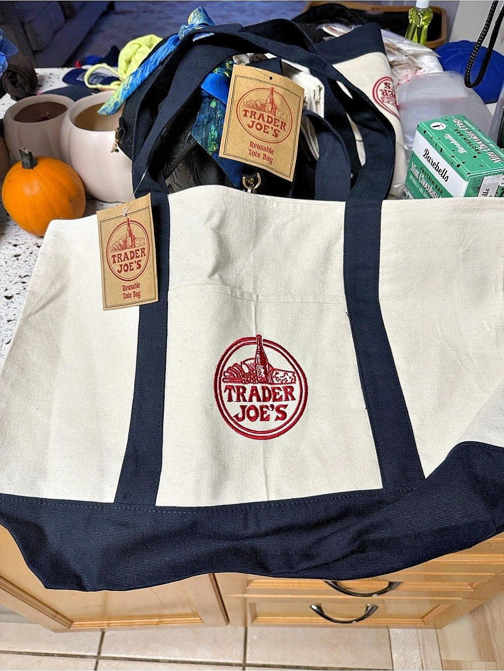 Trader Joe's Large Canvas Tote Bag in White & Navy